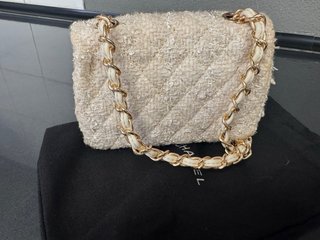 Mini bolso tweed beige y dorado