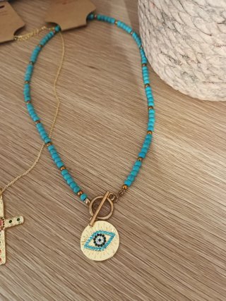 Pack 2 Collares Cruz y Ojo Turquesa Dorado