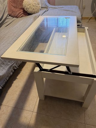 Mesa de centro elevable blanca y cristal