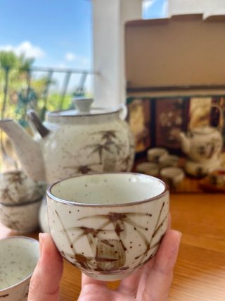 Juego té vintage bambú con calentador