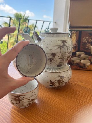 Juego té vintage bambú con calentador