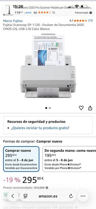Fujitsu ScanSnap SP-1120 Escáner Profesional ADF
