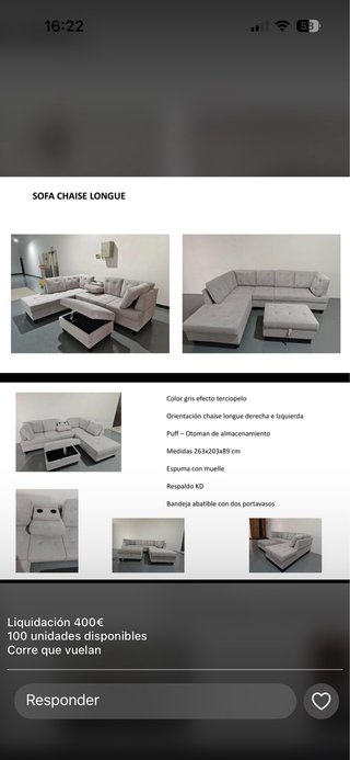 Sofá chaise longue gris con almacenaje