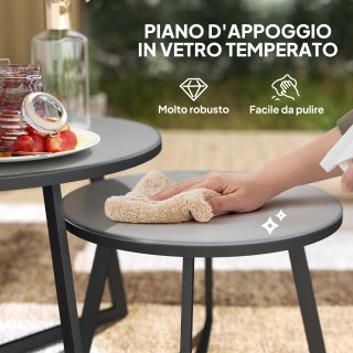 Set 2 Tavolini Esterni con Piano in Vetro Grigio