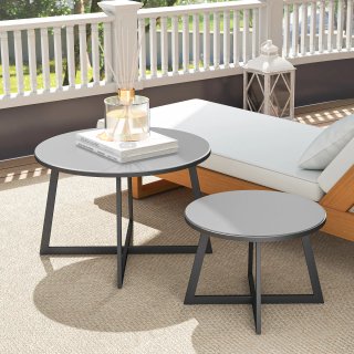 Set 2 Tavolini Esterni con Piano in Vetro Grigio