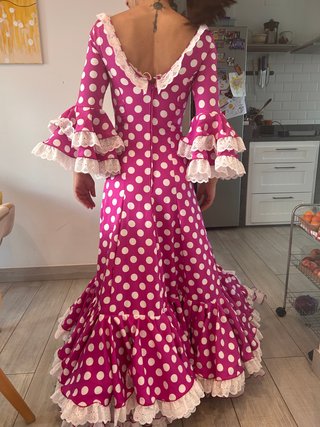 Vestido Flamenca Lunares Blanco y Fucsia