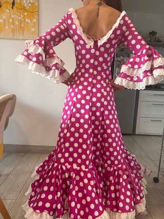 Vestido Flamenca Lunares Blanco y Fucsia