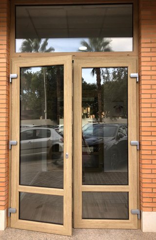 Puerta PVC color madera.