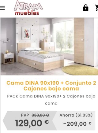 Cama individual 90x190 con colchón y 2 cajones