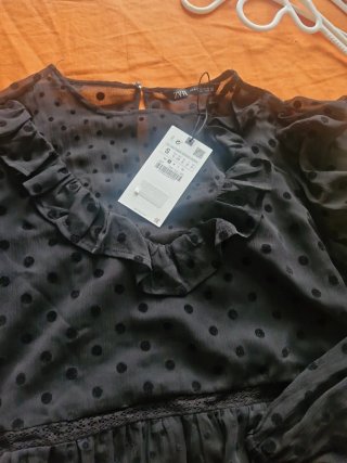 Vestido Zara negro topos gasa nuevo etiqueta
