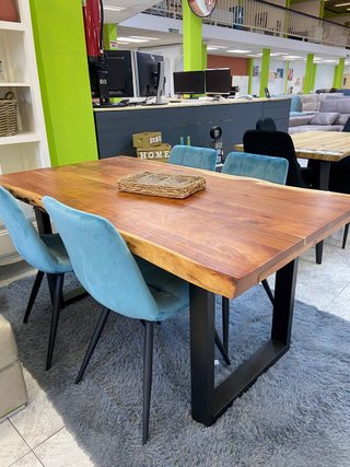 Mesa madera maciza 160 cm y 4 sillas turquesa