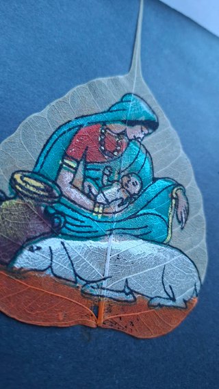 Dipinto su foglia: Madre con bambino e cane