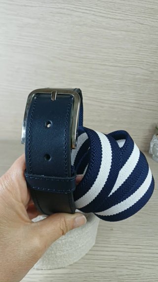 Cinturón Tejido Cuero Azul Marino y Blanco