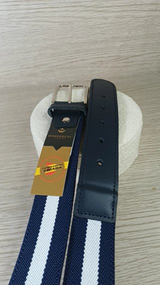 Cinturón Tejido Cuero Azul Marino y Blanco