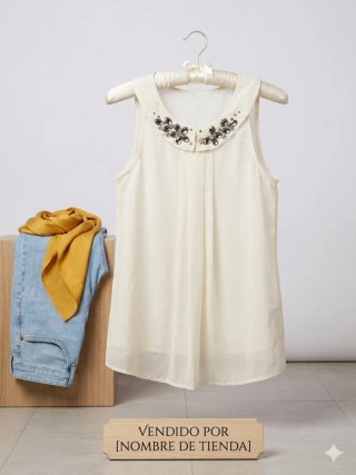 Camiseta beige con cuello adornado