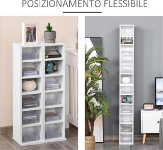 Juego de 2 Estantes Verticales para CD y DVD con 12 Estantes Ajustables para 204 CD, Mueble Biblioteca Alto Ahorra Espacio en Madera para Dormitorio, Sala de Estar y Oficina, 21X22.5X88.5 Cm, Blanco