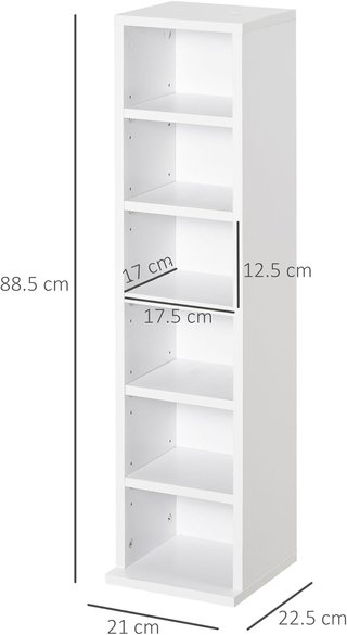 Juego de 2 Estantes Verticales para CD y DVD con 12 Estantes Ajustables para 204 CD, Mueble Biblioteca Alto Ahorra Espacio en Madera para Dormitorio, Sala de Estar y Oficina, 21X22.5X88.5 Cm, Blanco
