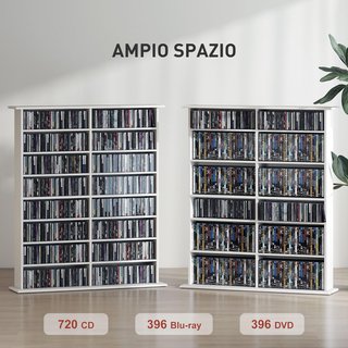 Mueble Porta CD Con 12 Estantes Regulables, Estante Para 720 CD/396 DVD Ahorra Espacio en Madera, Mueble Portacd Con 16 Compartimentos, Para Sala, Dormitorio, Oficina, 106.5X24X126.3Cm, Blanco