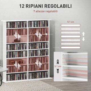 Mueble Porta CD Con 12 Estantes Regulables, Estante Para 720 CD/396 DVD Ahorra Espacio en Madera, Mueble Portacd Con 16 Compartimentos, Para Sala, Dormitorio, Oficina, 106.5X24X126.3Cm, Blanco