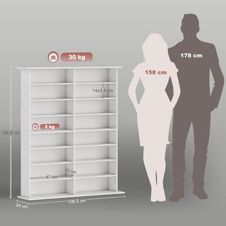 Mueble Porta CD Con 12 Estantes Regulables, Estante Para 720 CD/396 DVD Ahorra Espacio en Madera, Mueble Portacd Con 16 Compartimentos, Para Sala, Dormitorio, Oficina, 106.5X24X126.3Cm, Blanco