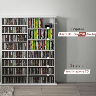 Mueble Porta CD Con 12 Estantes Regulables, Estante Para 720 CD/396 DVD Ahorra Espacio en Madera, Mueble Portacd Con 16 Compartimentos, Para Sala, Dormitorio, Oficina, 106.5X24X126.3Cm, Blanco