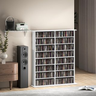 Mueble Porta CD Con 12 Estantes Regulables, Estante Para 720 CD/396 DVD Ahorra Espacio en Madera, Mueble Portacd Con 16 Compartimentos, Para Sala, Dormitorio, Oficina, 106.5X24X126.3Cm, Blanco