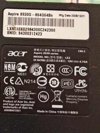 Acer Aspire 8930G 18.4 Portátil Piezas