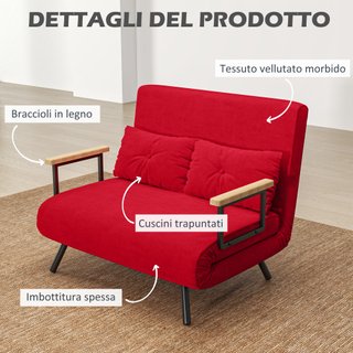 Divano Letto in Tessuto Effetto Velluto con Rosso