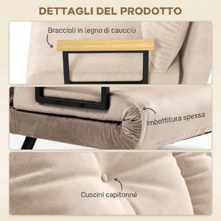 Divano Letto 3 in 1 Tessuto Effetto Velluto Beige