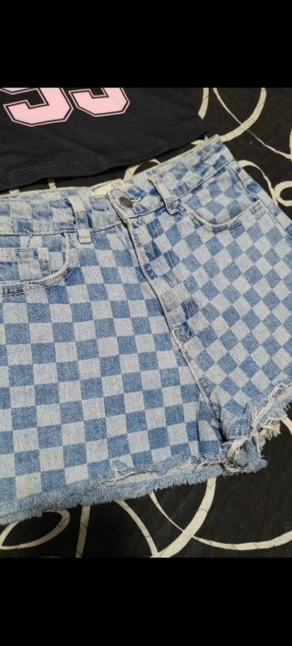 Conjunto Top Negro y Shorts Cuadros Azul
