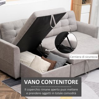 Divano Letto 3 Posti con Chaise Longue Contenitore