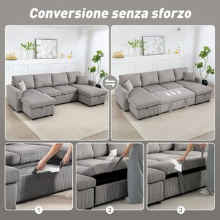 Divano Letto Moderno a U 2 Chaise Longue Grigio