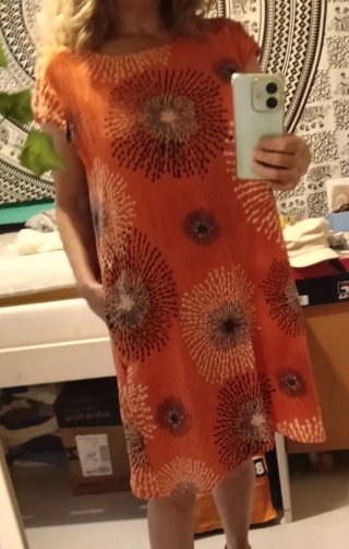 Vestido lino estampado naranja XL bolsillos.