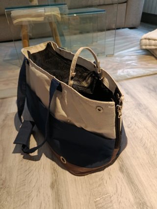 Transportín para mascotas beige, azul y marrón
