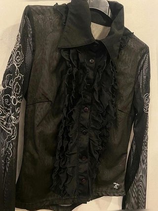 Top Vintage Negro Malla Volantes, Estilo Gótico Japonés "Cupid Heart" Bordado Floral