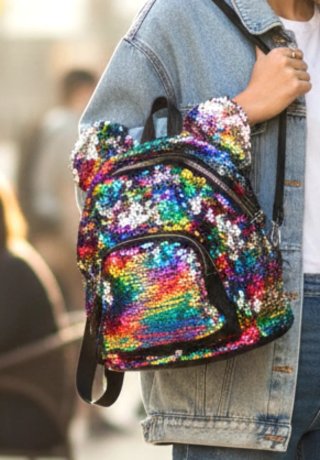 Mochila lentejuelas negra multicolor orejas