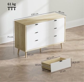 Cómoda 6 cajones madera y blanco