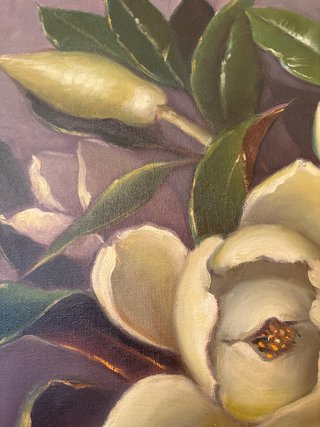 Cuadro al óleo de magnolias en jarrón