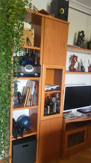 Mueble de salón madera y cristal.