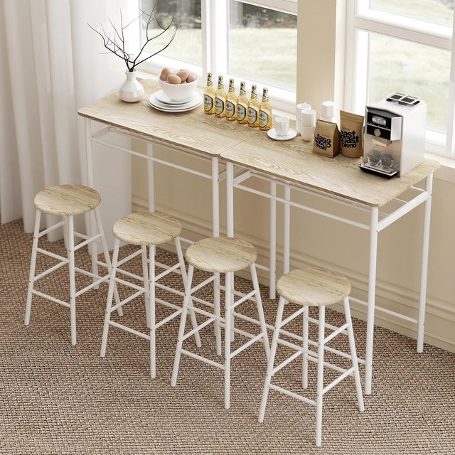 Conjunto de Barra con 2 Taburetes Altos de Estilo Nórdico, Mesa Alta con Estante y Taburetes de Cocina con Reposapiés, Blanco
