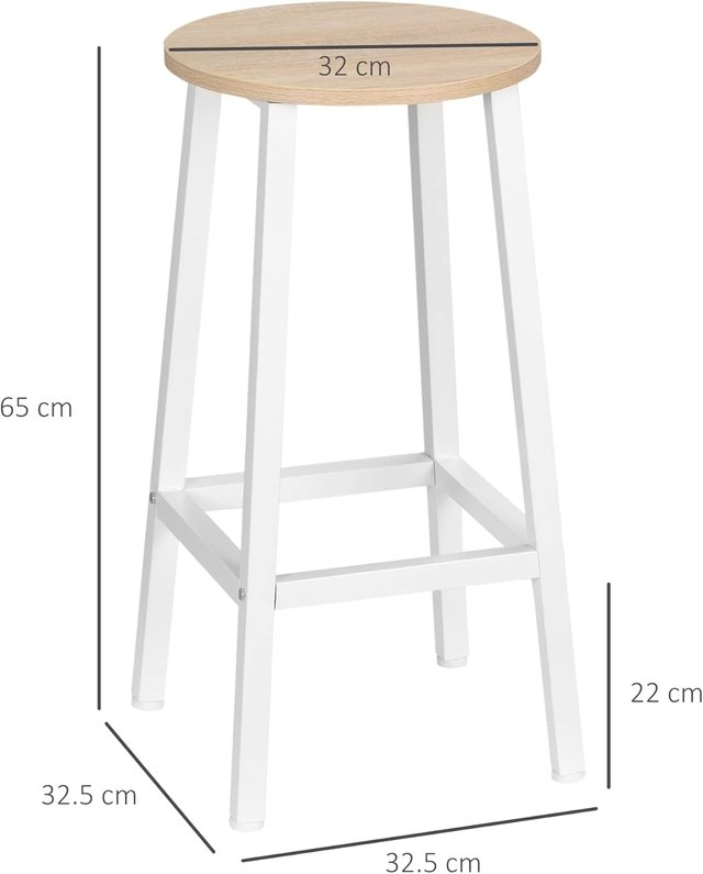 Conjunto de 2 Taburetes de Madera y Acero, Taburetes de Cocina con Reposapiés para Sala de Estar, Comedor, Cocina y Bar, Estilo Industrial, 32.5X32.5X65 Cm, Blanco y Color Madera
