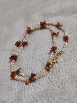 Collar Perlas naturales, Coral y Hematita