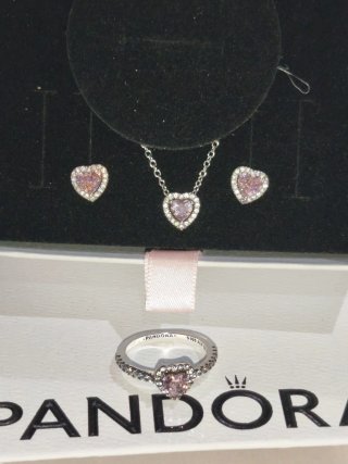 Conjunto Pandora Corazón Rosa y Plata talla 6in7