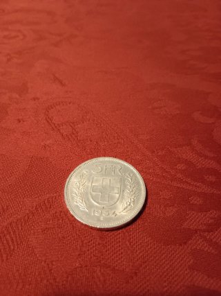 Moneda de Plata de 5 Francos Suizos, año  1954.