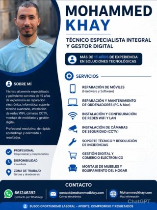 Técnico: Reparación Móvil, PC, WiFi, CCTV y Montaj