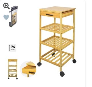 Estantería de madera con cajón y ruedas.