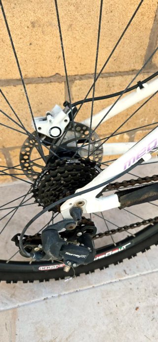 Bicicleta de montaña blanca y morada