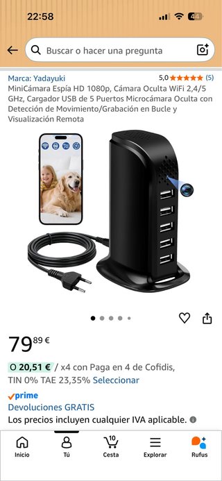 Cargador USB Cámara Espía