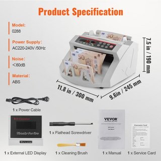 Contador de Billetes con Pantalla LED, Contador de Billetes Profesional con Detector de Falsificaciones, UV/MG, 1000 Billetes por Minuto, Cuenta Solo el Número de Hojas