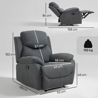 Poltrona Relax Ergonomica Manuale in Tessuto, Poltrona Reclinabile a 150° con Poggiapiedi per Casa e Ufficio, 93X88X102Cm, Grigio Scuro